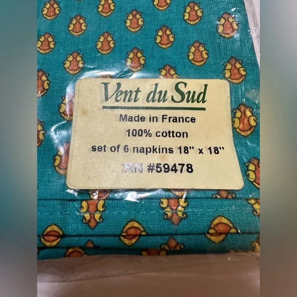NEW Vent du Sud Cloth Napkins Indian 18x18 Set Of 6 Cotton Colorful France Green